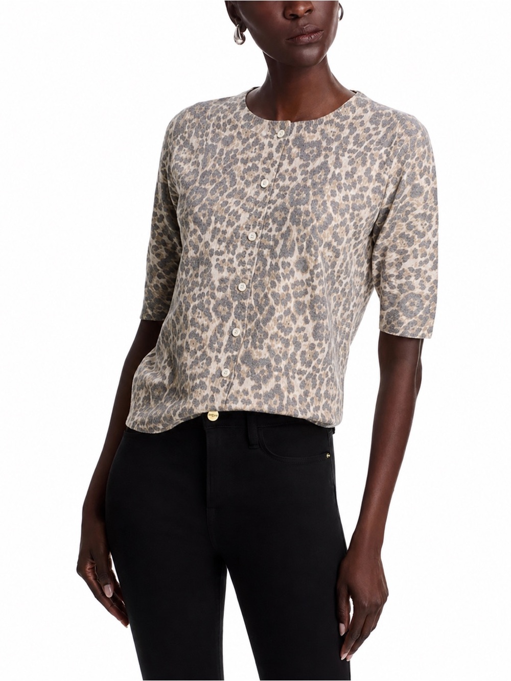 NWT Sioni Leopard Print Button-Front Cardigan Sweater Top in Taupe S